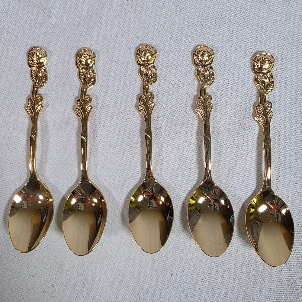 Vintage HIC Japan Gold-tone Stainless Rose Demitasse Spoon Set of 5 MCM